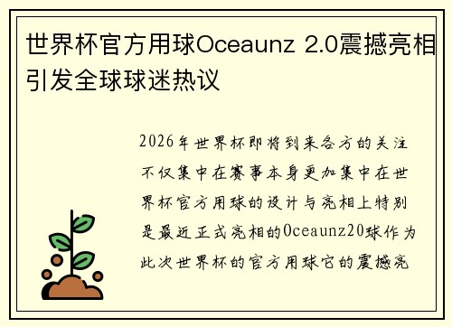 世界杯官方用球Oceaunz 2.0震撼亮相引发全球球迷热议