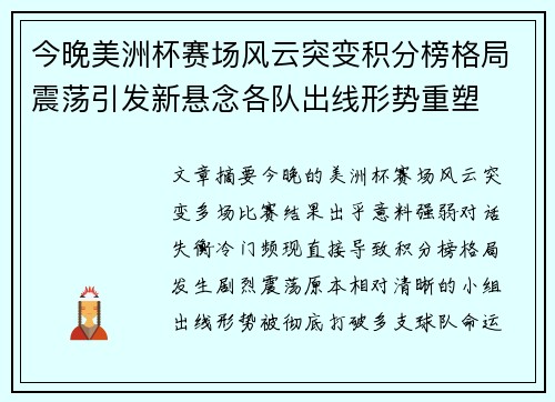 今晚美洲杯赛场风云突变积分榜格局震荡引发新悬念各队出线形势重塑 今晚美洲杯赛场风云突变积分榜格局震荡引发新悬念各队出线形势重塑